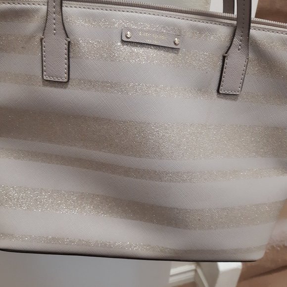 Kate Spade Satchel zip handbag purse taupe with gold stripes - Picture 5 of 8